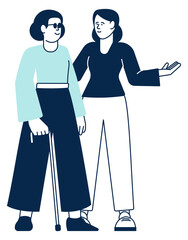 Active disabled person. Blind woman in friend relationship