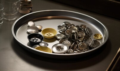  a tray of buttons on a table next to a glass of water.  generative ai