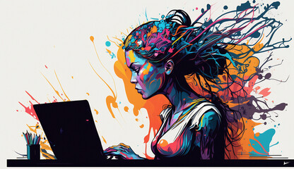 Drawing of a girl sitting at the computer, colored with wonderful Oily colors