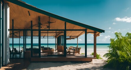 Fototapeta na wymiar Photo of a sunny beach house with a comfortable covered patio