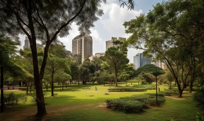 Obraz premium a park with trees, grass and buildings in the background. generative ai