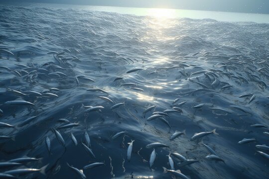 Silvery smolts in the ocean. Generative AI.