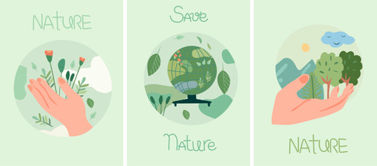 The concept of nature conservation and ecology. Nature as a source of energy for man. Planet earth in the hands of man. Green planet, earth day. Suitable for social posters, cards, logos, banner