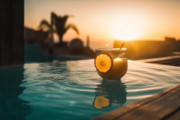 coctails and slide lemon with sunset and pool Generative AI