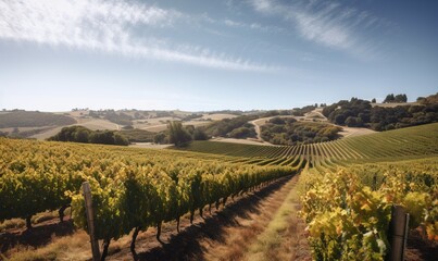  a vineyard with rows of vines in the foreground and rolling hills in the background.  generative ai