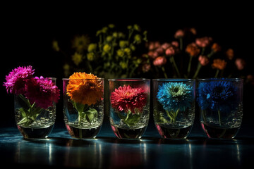 flowers in different glasses at night Generative AI