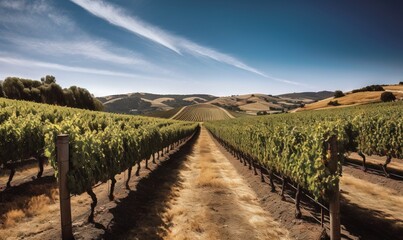 Fototapeta premium a dirt road running through a lush green field with hills in the background. generative ai