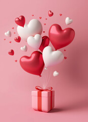 Fototapeta Un cadeau et des ballons en forme de coeur roses - generative AI obraz