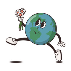 Groovy cartoon character funny happy Earth. Earth day concept. World Environment Day. Isolared vector illustration. Hippie 60s, 70s style. Earth and flower in groovy style