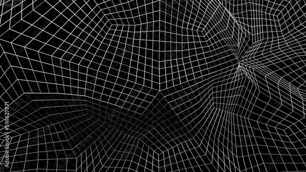 Poster abstract space with curving 3d grid. design. cyber mesh with moving geometric curves. 3d grid in cyb
