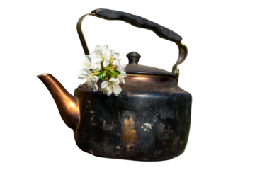 Old grunge soot vintage teapot with white flowers
