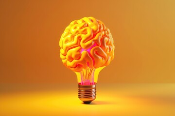 Colorful brain with a lightbulb on yellow background. AI generated