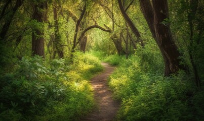 Naklejka premium a path through a forest with lots of trees and bushes. generative ai