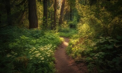  a path through a forest with tall trees and green plants.  generative ai