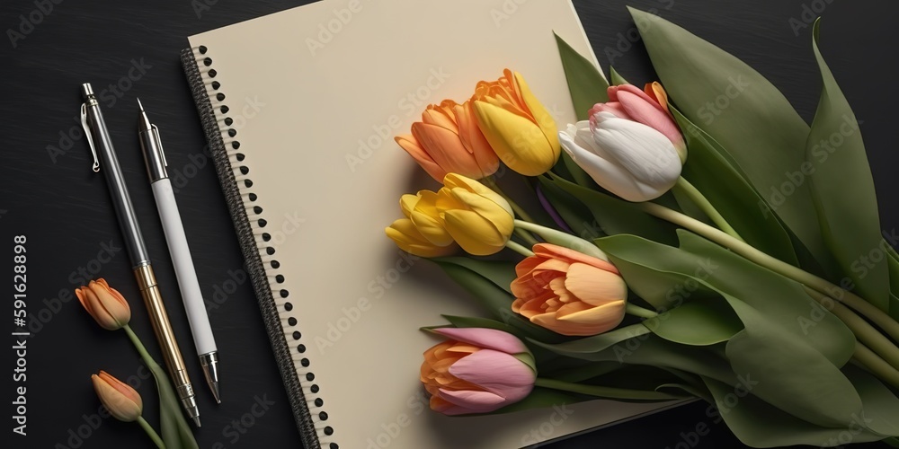 Poster tulips and a notebook shown at eye level generative ai