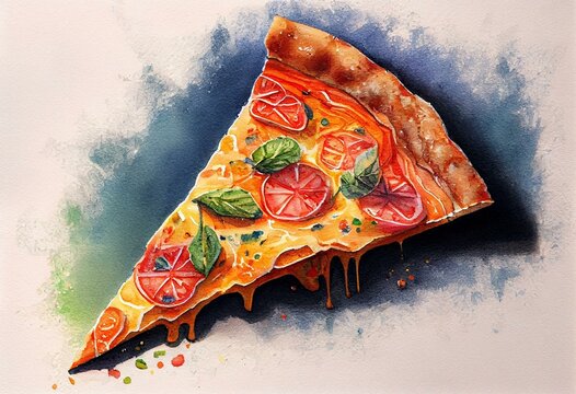 This Is A Watercolor Painting Of A Slice Of Pizza. Generative AI