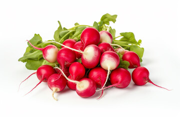 A bunch of radishes with green leaves on top