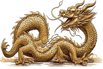 Fototapeta premium Traditional Chinese golden Dragon Vector Illustration isolation on transparent background. Generative AI