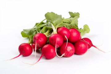 A bunch of radishes with green leaves on top