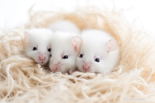 Three white rats in a nest