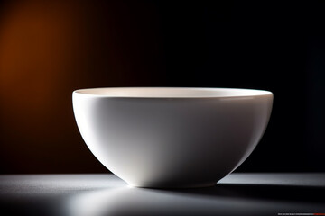 A white bowl is sitting on a table with a dark background.