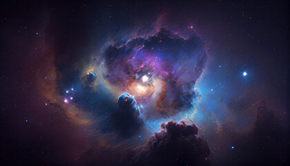 Large panoramic view of a colorful dark blue nebula. Al genetared