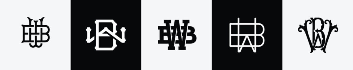 Fototapeta na wymiar Initial letters BW Monogram Logo Design Bundle