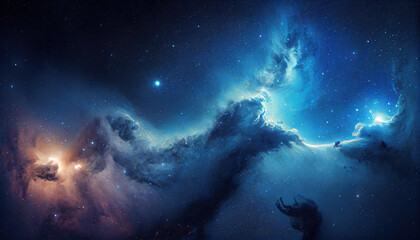 Obraz na płótnie Canvas Large panoramic view of a colorful dark blue nebula. Al genetared