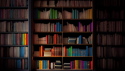 Rows of books on shelves in a library. Developing space. Al generated