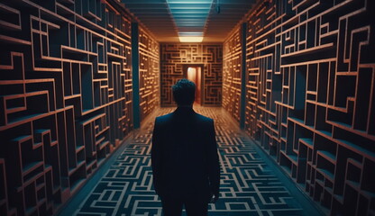 A business man standing inside a large labyrinth. Based on Generative Ai.