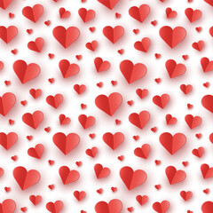 Paper cut hearts flying on white background. Seamless texture. Concept of design for Valentine’s Day, Mother’s Day and Women’s Day. Vector illustration