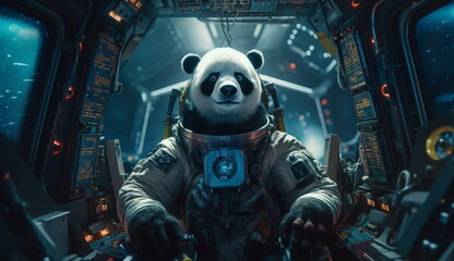 Portrait of a panda wearing an astronaut costume in the cockpit of a spaceship. Based on Generative Ai.