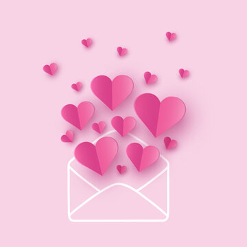 Valentine’s hearts with envelope. Paper cut decorations. Vector illustration