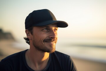 Portrait of handsome young man in cap on the beach at sunset