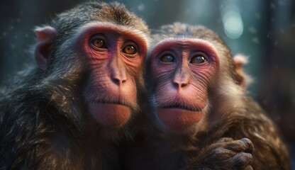 Obraz premium Portrait of two monkeys hugging. Based on Generative Ai.