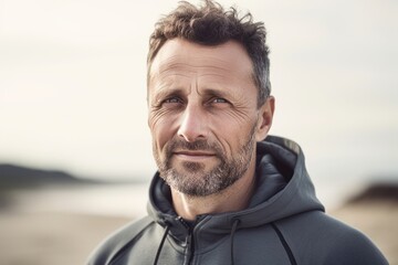 Fototapeta premium Portrait of a handsome middle-aged man in wetsuit looking at camera outdoors