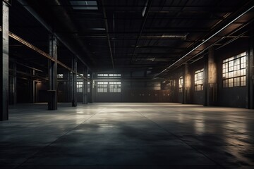 Three dimensional render of dark empty warehouse. AI generated