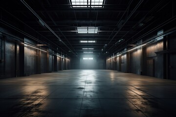 Three dimensional render of dark empty warehouse. AI generated
