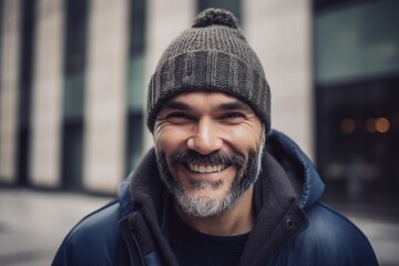Portrait of a handsome middle-aged man with a gray beard and mustache wearing a blue jacket and a knitted hat in the city