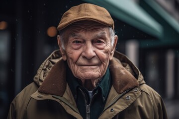 Obraz premium Portrait of an elderly man in a cap in the rain.