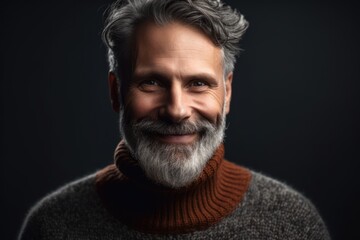 Fototapeta premium Portrait of a handsome middle-aged man in a sweater on a dark background.