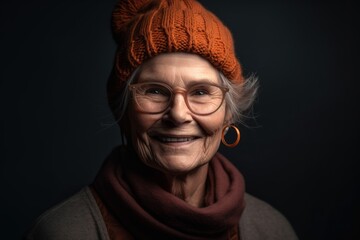 Portrait of a smiling senior woman wearing glasses and a hat.