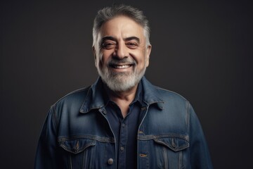 Portrait of a smiling mature man in denim jacket on dark background