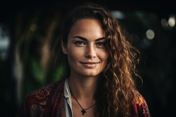 Close-up portrait photography of a grinning woman in her 30s wearing a chic cardigan against a hawaiian or polynesian background. Generative AI