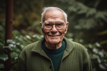 Portrait of an elderly man with glasses and a green sweater.