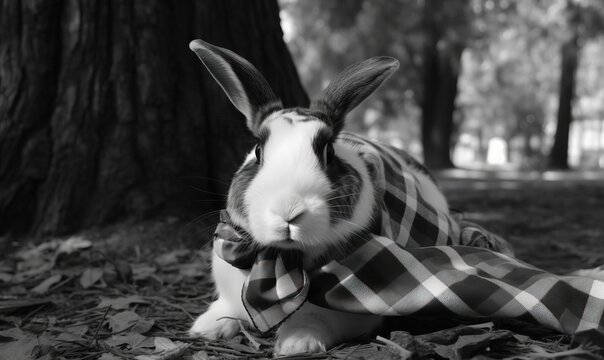  a black and white photo of a rabbit wearing a scarf.  generative ai
