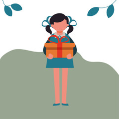 Cartoon girl holding a box with a birthday present, illustration stylized in a flat style, vector graphic.