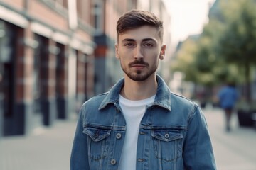 Portrait of a handsome young man with a beard in a denim jacket in the city