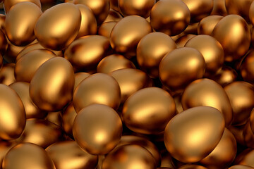 Heap of farm raw organic gold chicken eggs, abstract background