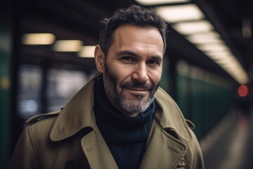 Obraz premium Portrait of a handsome bearded man in a beige coat in the subway station.